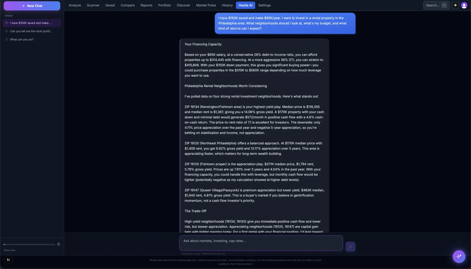 AI chat assistant showing a conversation with real estate analysis and example prompts