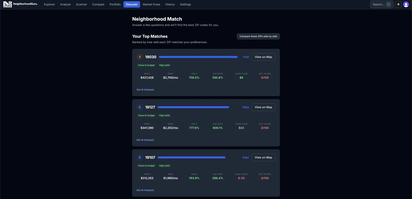 Discover quiz results showing top 10 matched ZIP codes with scores and key metrics
