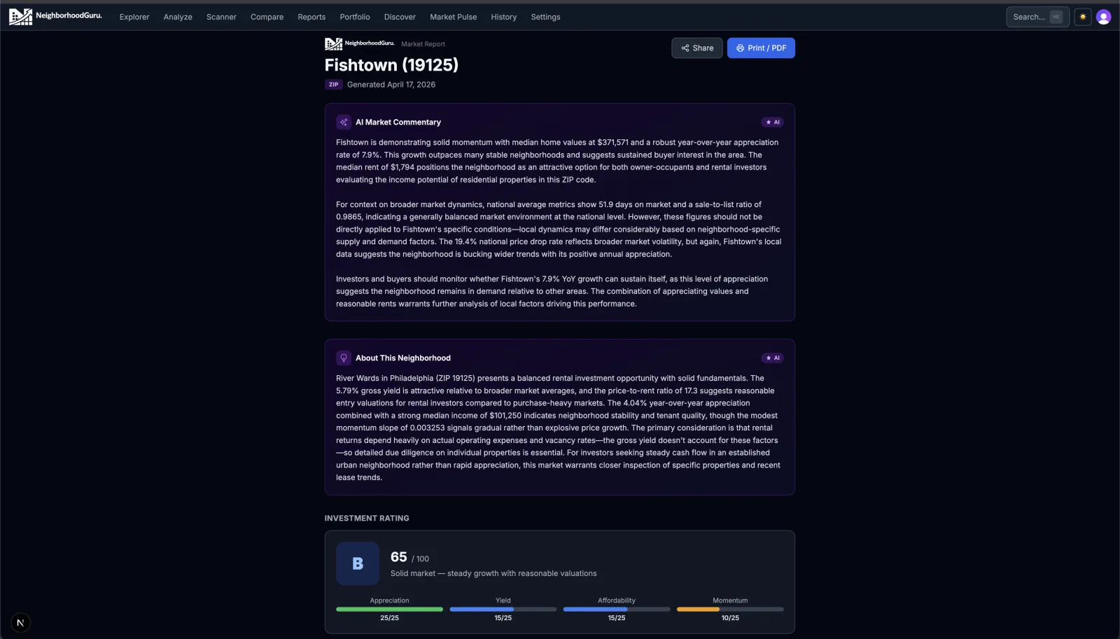 Market report page showing trend chart, KPIs, and top movers table with print button